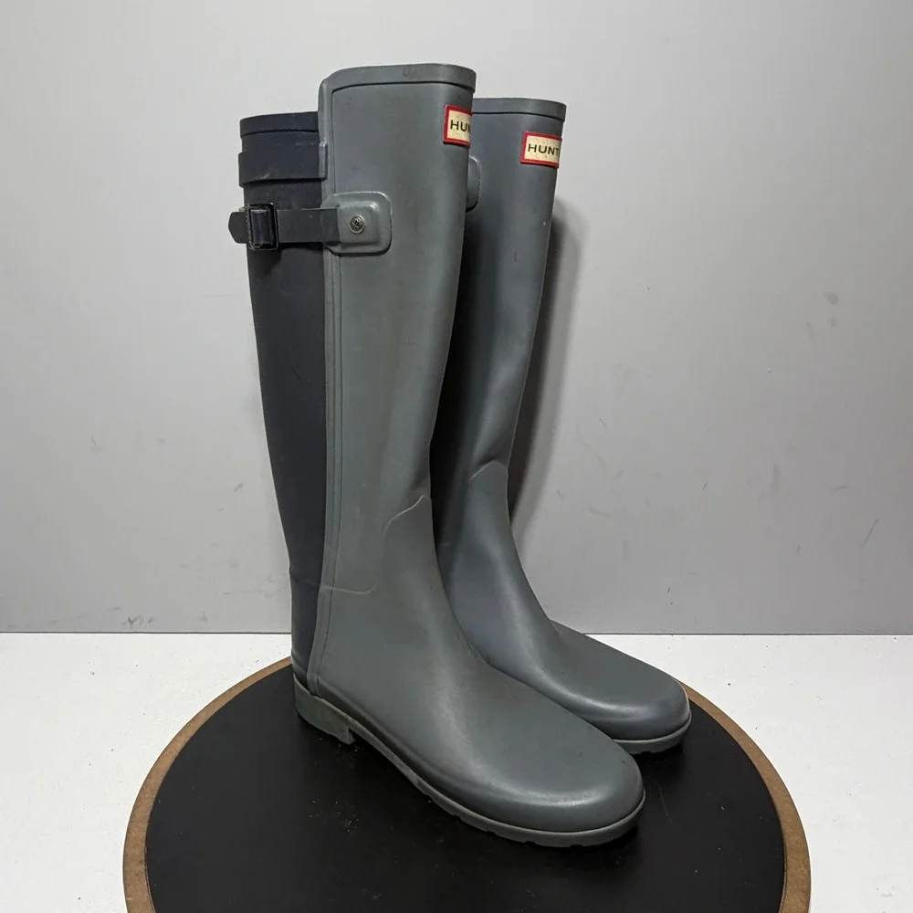 Hunter Rain Slate Boots Women 8 Grey Navy Blue Tall‎ Waterproof Matte Buckle
